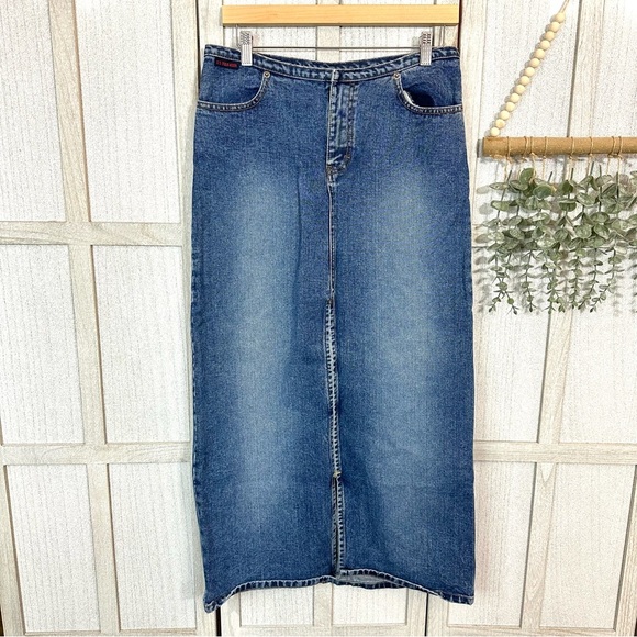 Vintage US POLO ASSN Jean Long Maxi Skirt Womens 7/8 Y2K 90’s Denim Front Slit - Picture 2 of 11